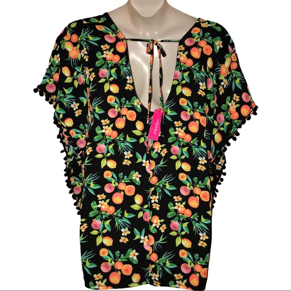 Fruit Print Swim Cover-Up with Pom Pom accents - Picture 2 of 7